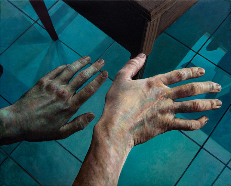 Miguel Tadeo. Manos impropias II, 2022. Óleo sobre panel. 33,4x41,4 cm